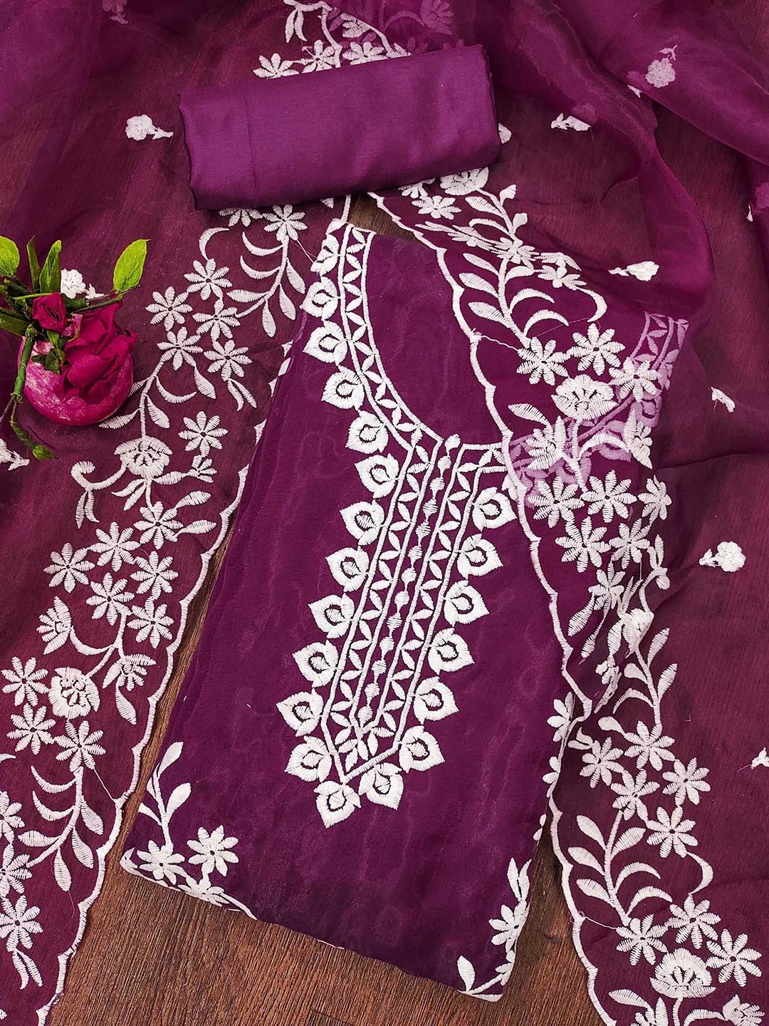 

SHADOW & SAINING Embroidered Organza Unstitched Dress Material, Magenta