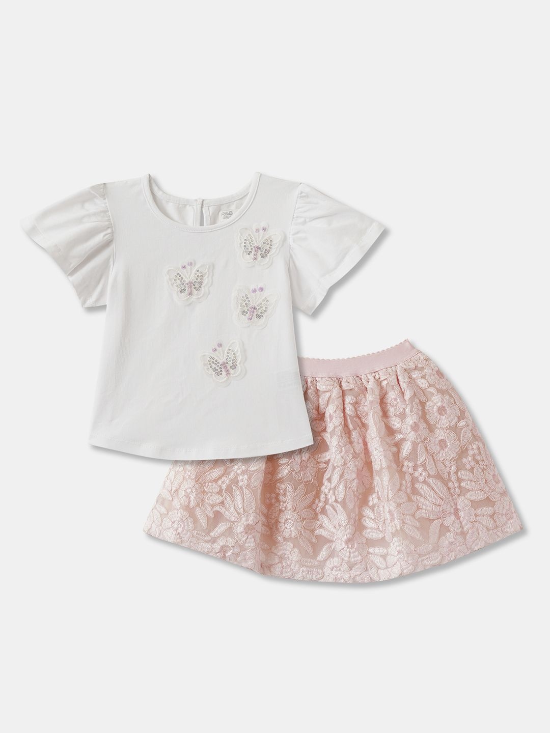 

R&B Girls Embroidered Pure Cotton Top With Skirt, Pink