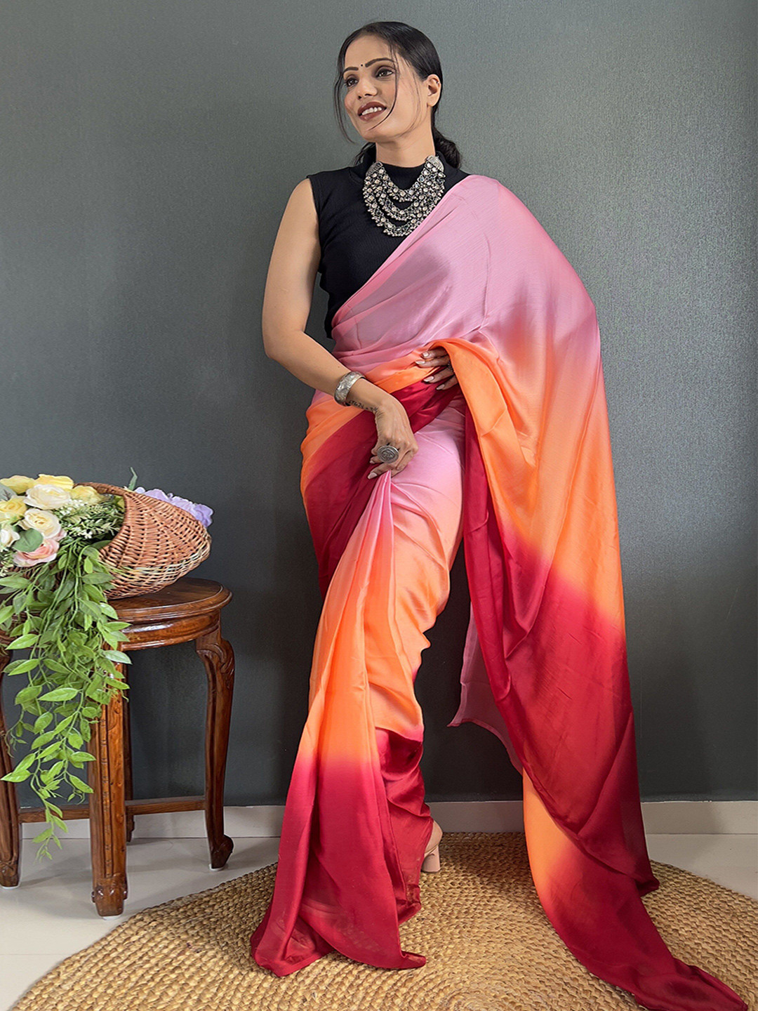 

ZIBLON Ombre Ready to Wear Saree, Maroon