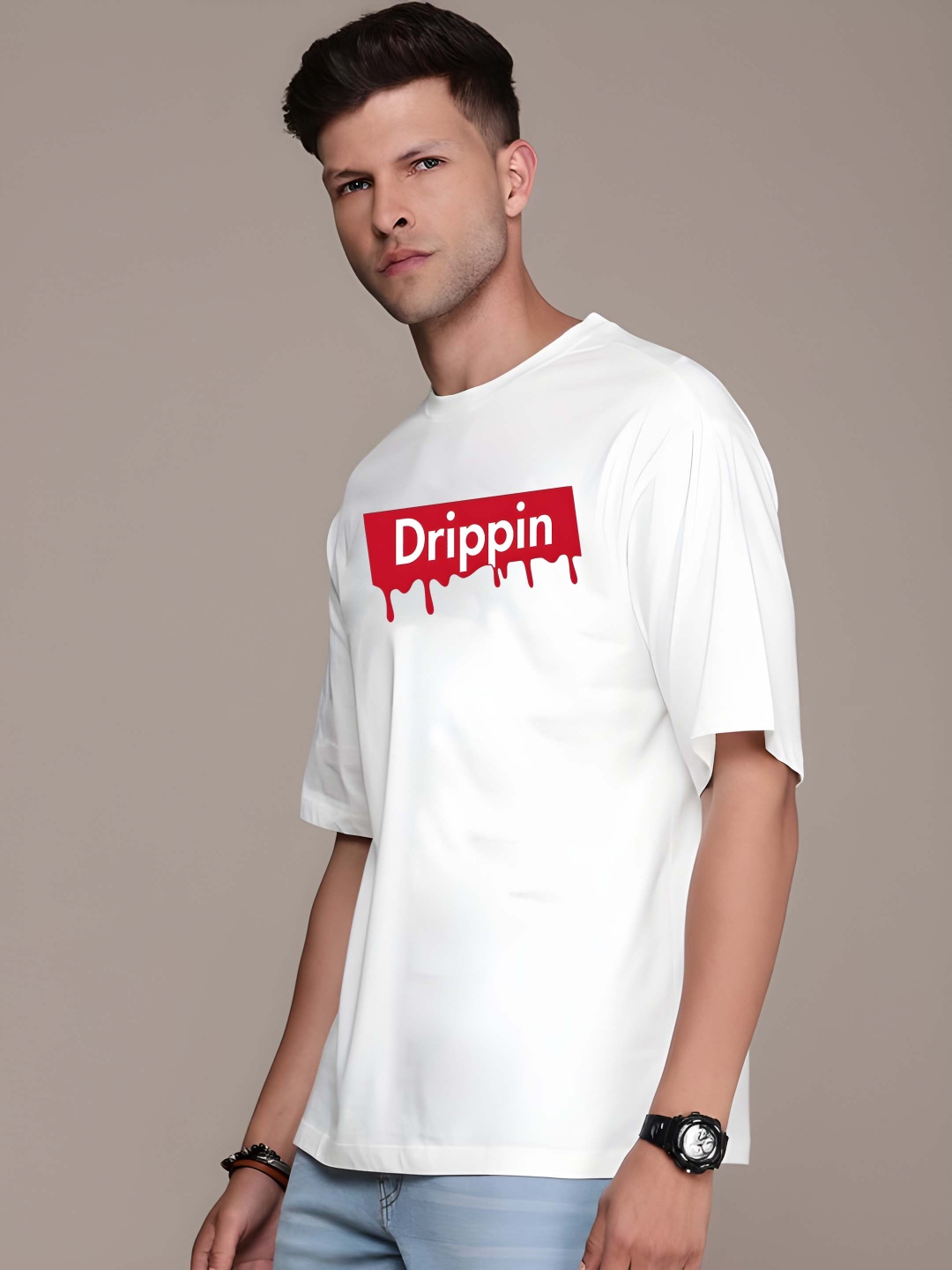

Krimmple Men Typography Printed Round Neck Cotton Relaxed Fit T-shirt, White
