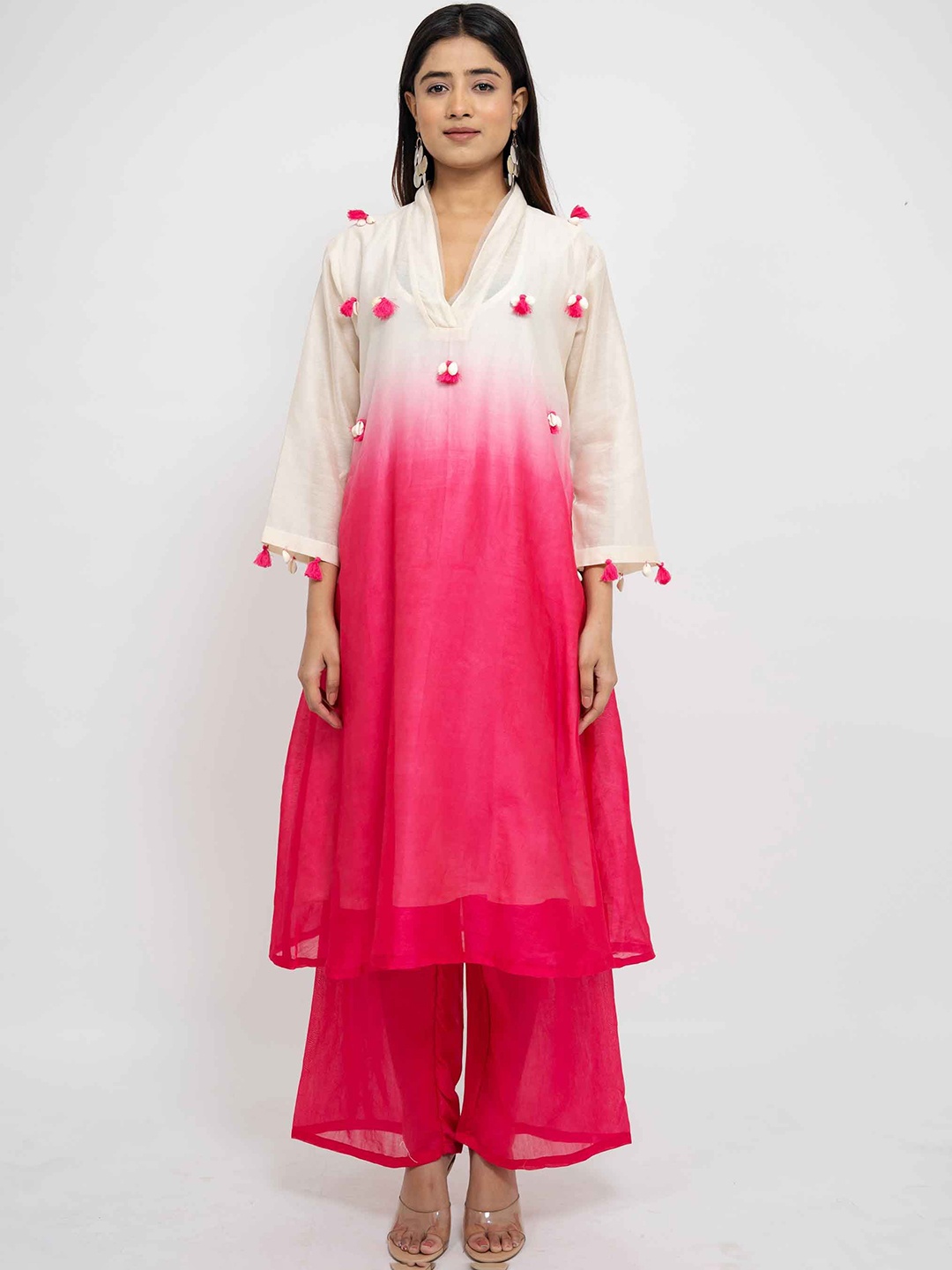 

AFFAIRE'S BY LEVELL5 Women Ombre Dyed Regular Beads and Stones Silk Chiffon Kurta with Palazzos, Pink