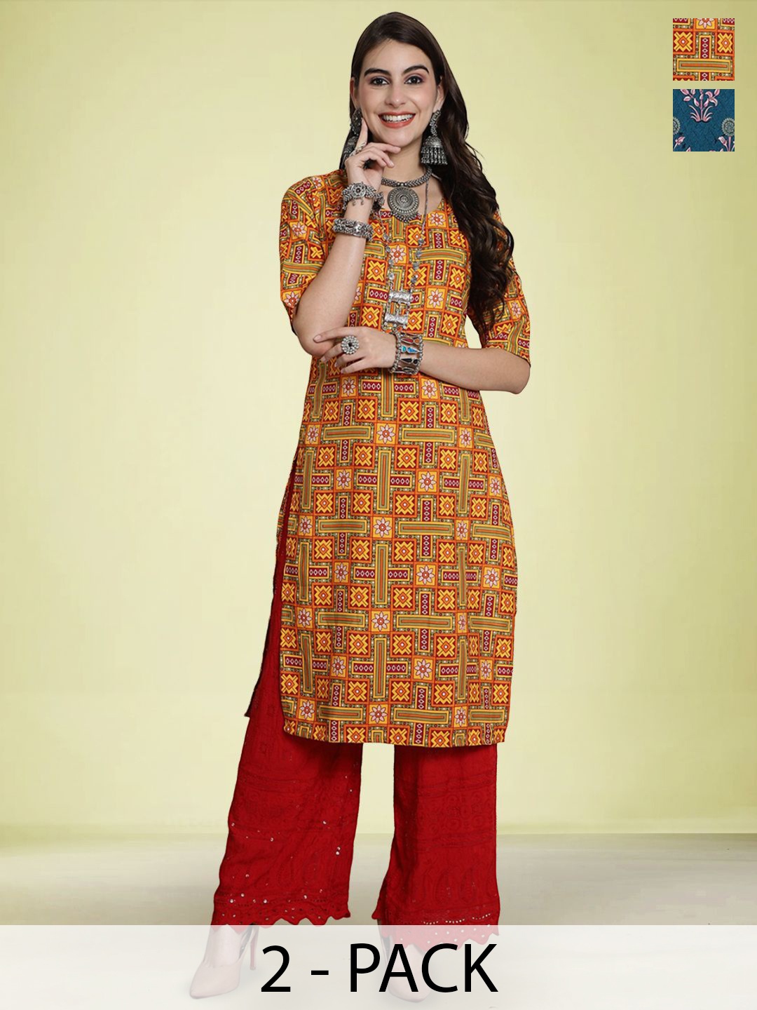

Moda Rapido Selection Of 2 Ethnic Motifs Printed Round Neck Straight Kurtas, Red