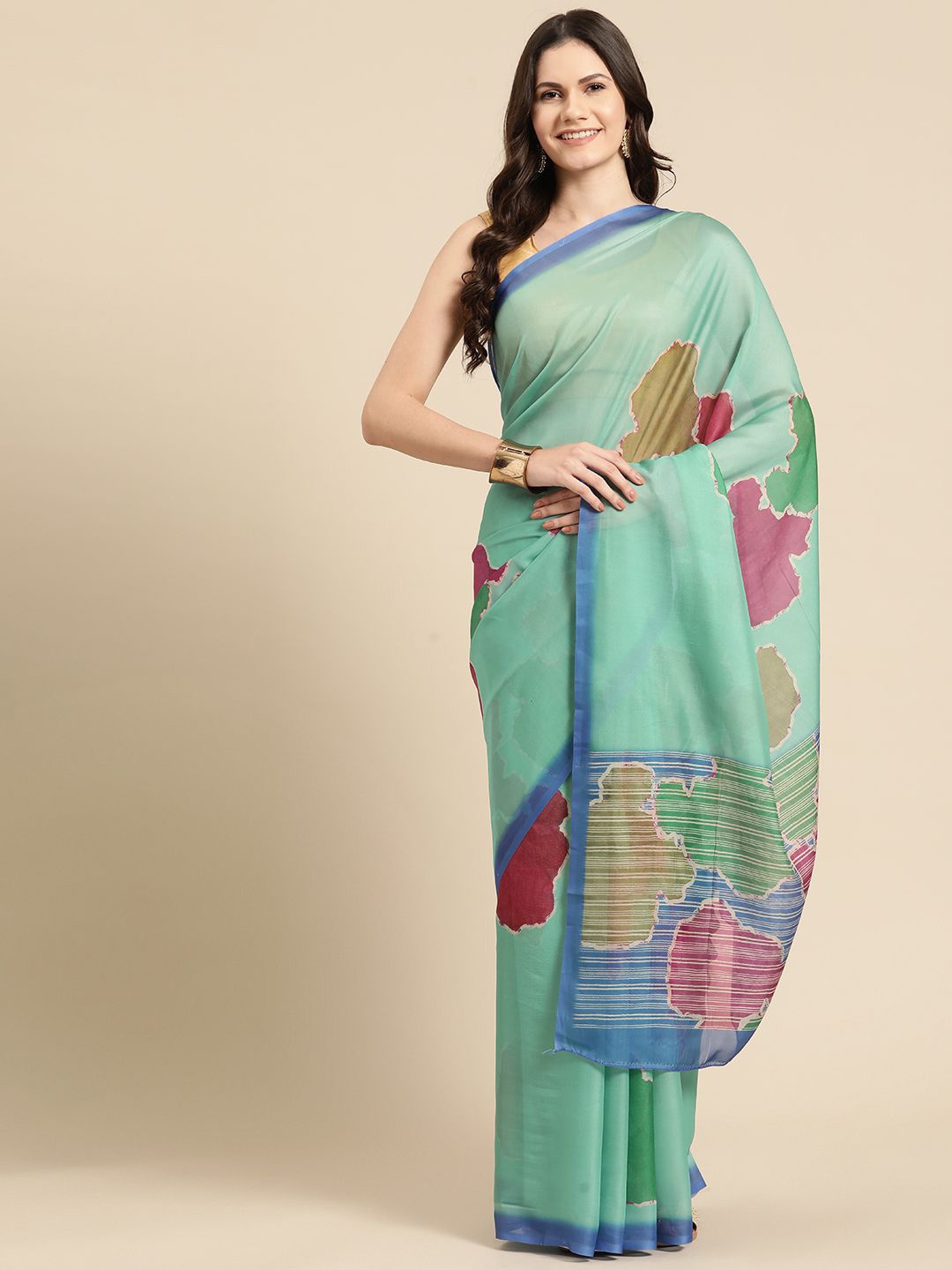 

DIVASTRI Soft Silk Digital Printed Color Blocked Saree, Green