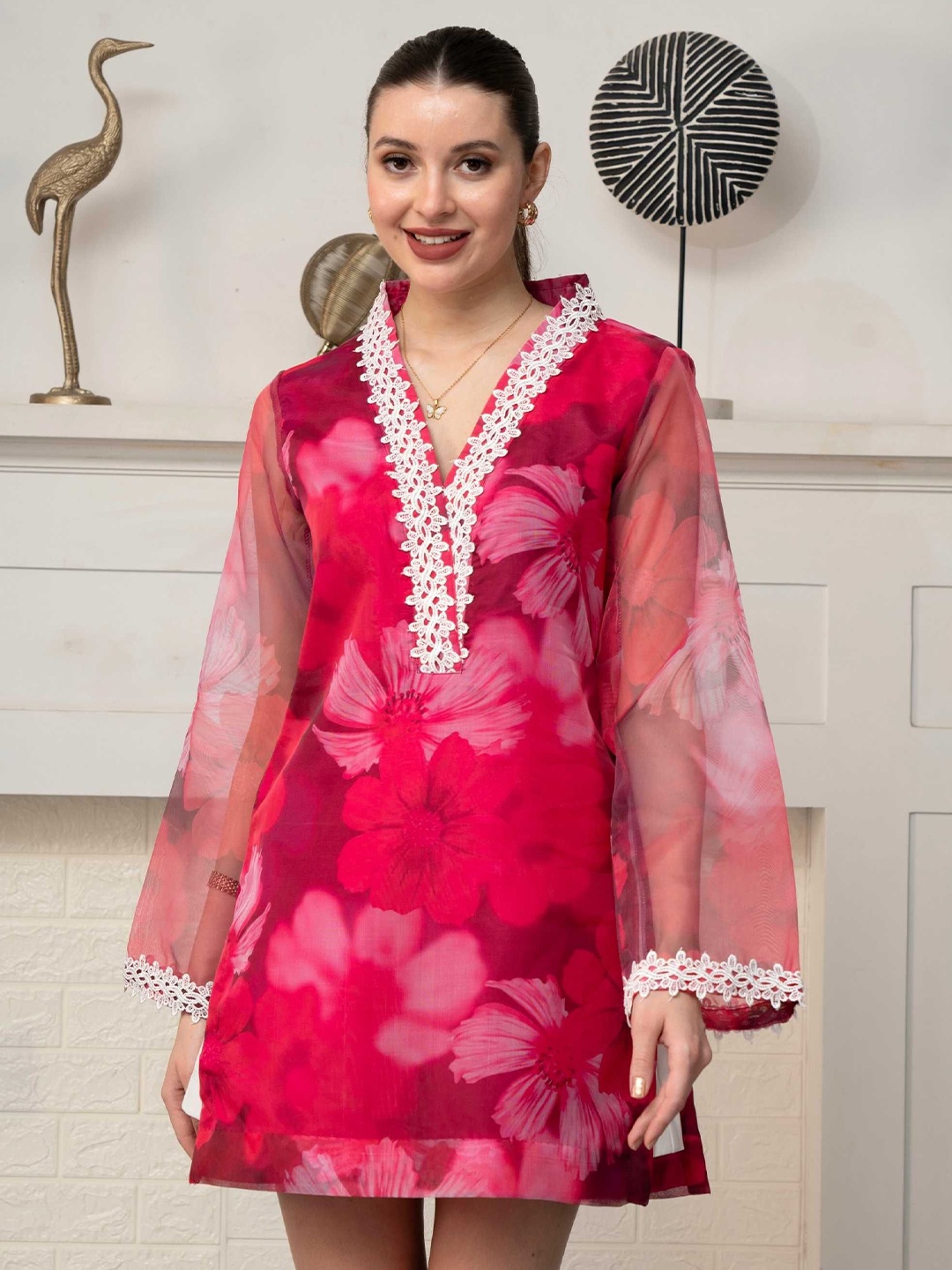 

ALLUREARMOIRE Floral Print Longline Top, Red