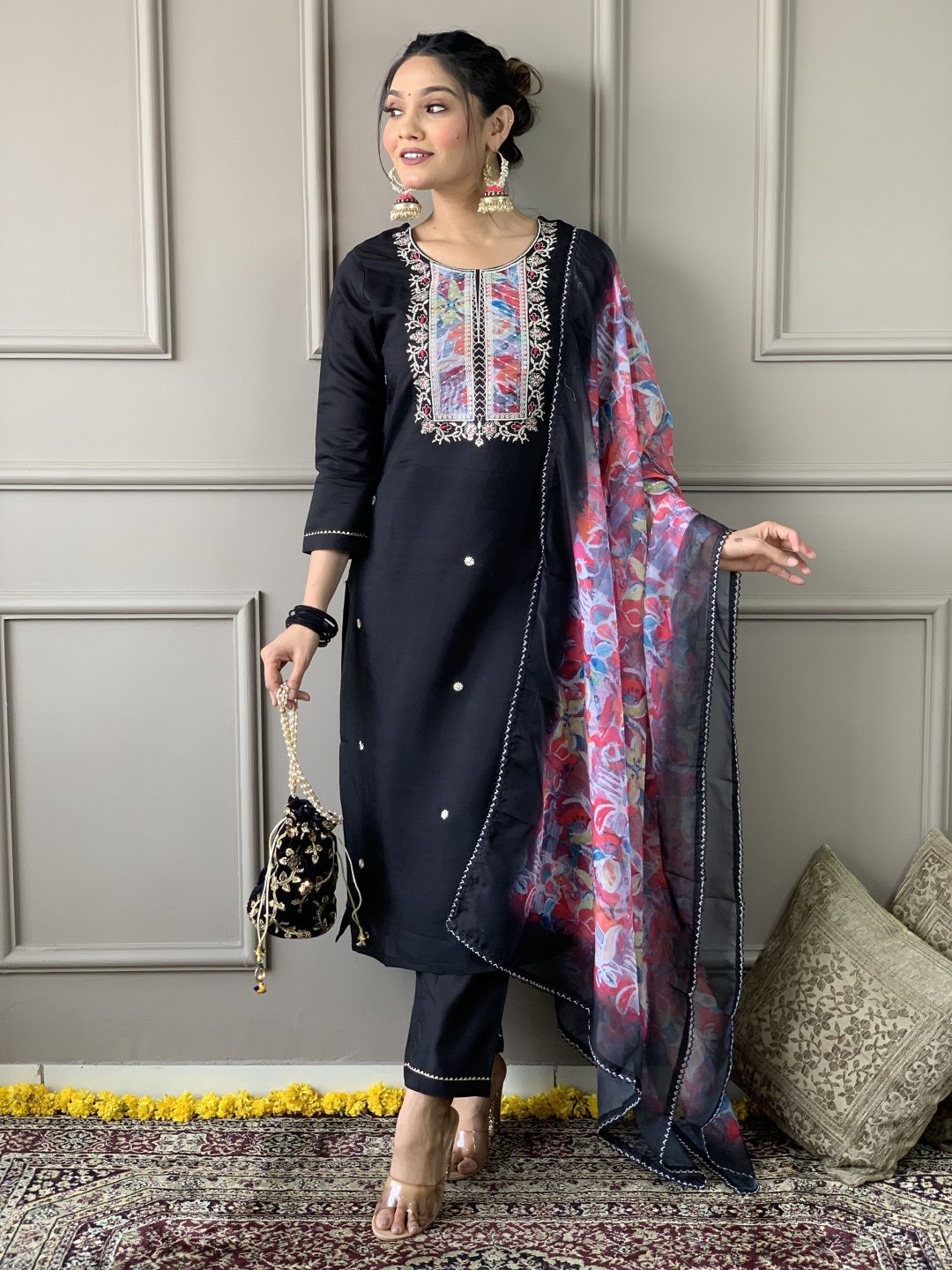 

KALINI Floral Embroidered Sequinned Straight Kurta With Trousers & Dupatta, Black