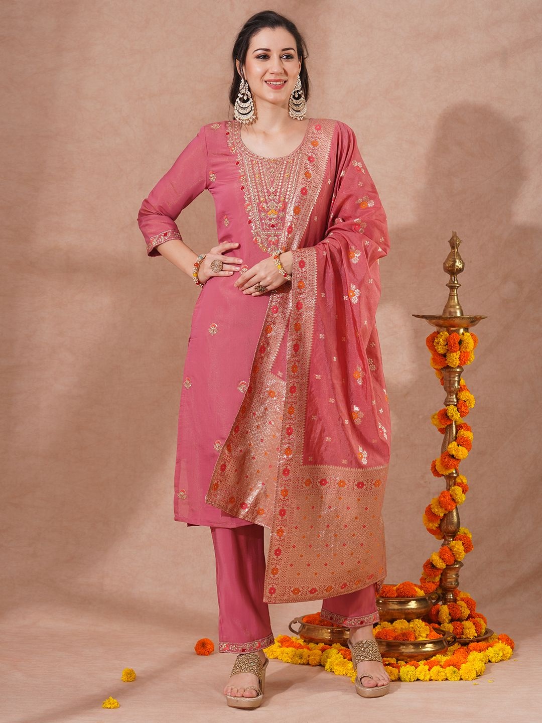 

FASHOR Thread Work Round Neck Straight Kurta With Trousers And Dupatta, Peach