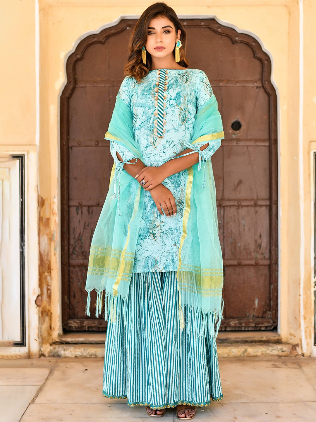 

Anastay Clothing Women Ethnic Motifs Printed Regular Pure Cotton Kurta with Sharara & With Dupatta, Teal