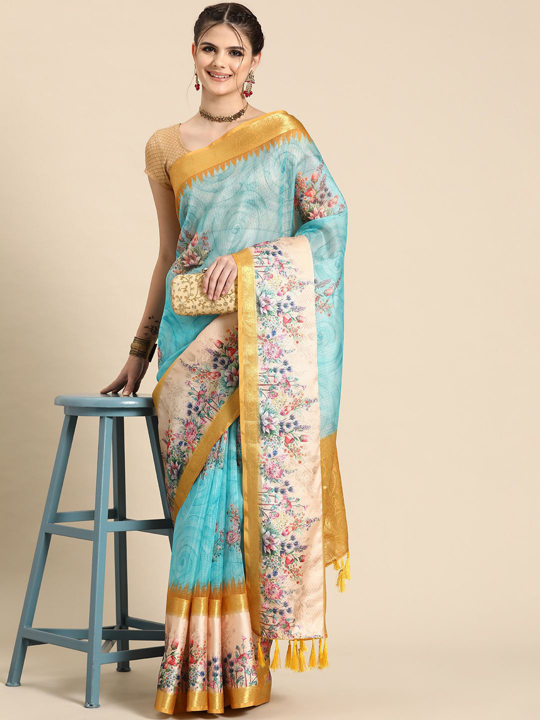 

DIVASTRI Kanjivaram Silk Floral Printed Zari Woven Saree With Tassels, Blue