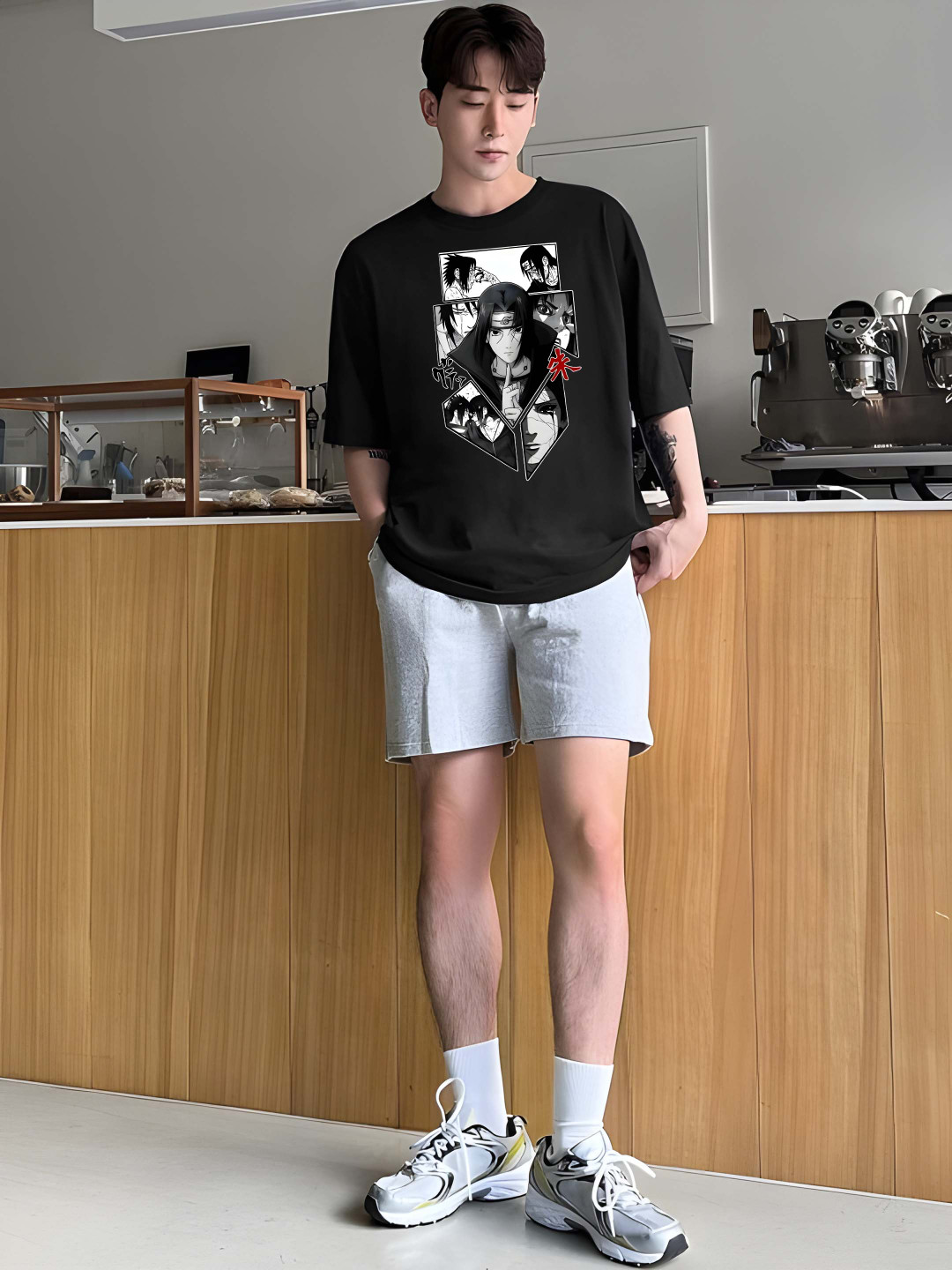 

BOWLIFESTYLE Men Naruto Graphic Printed Round Neck Cotton Oversized T-shirt, Black