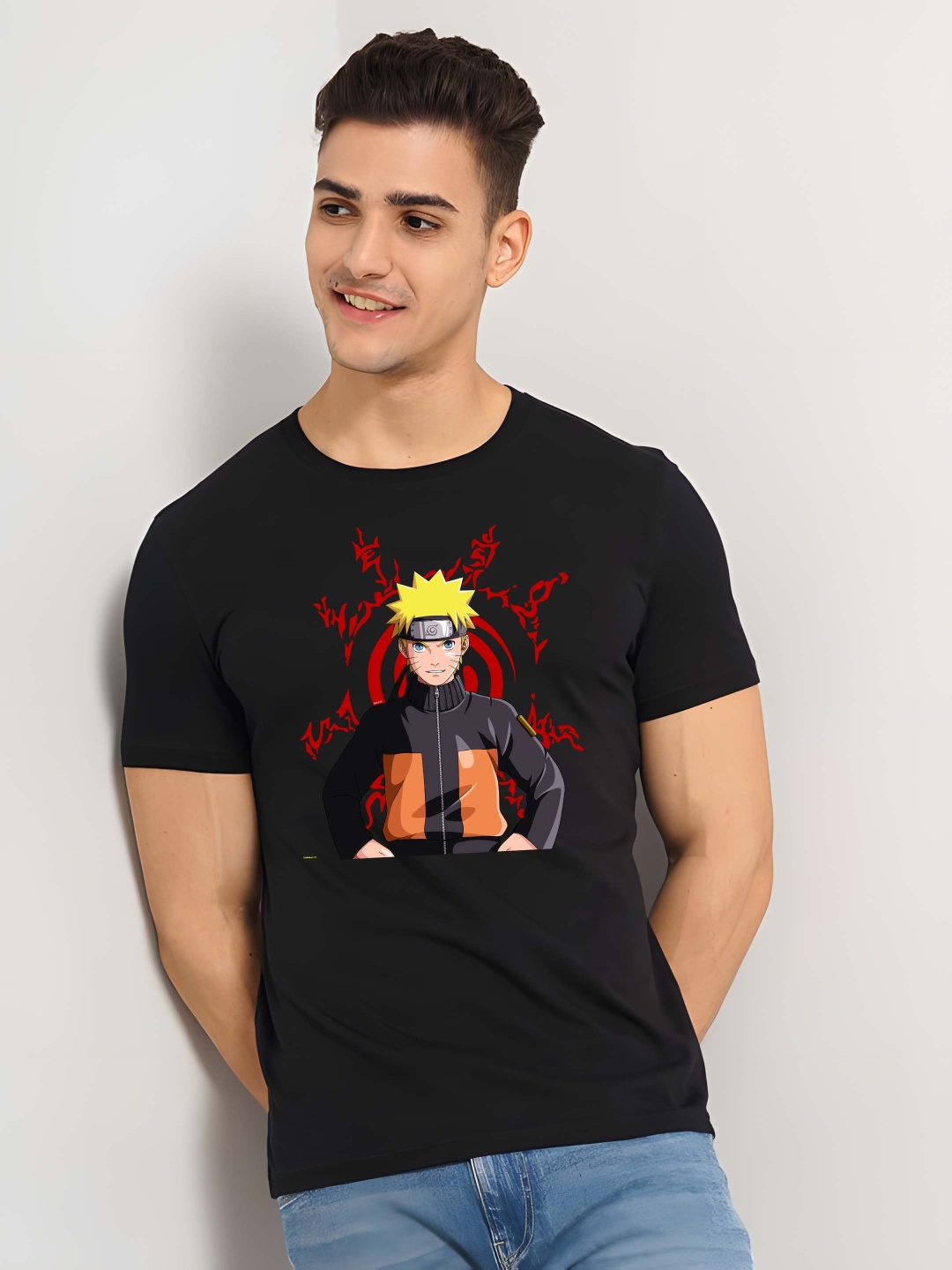 

BOWLIFESTYLE Men Naruto Graphic Printed Round Neck Cotton T-shirt, Black