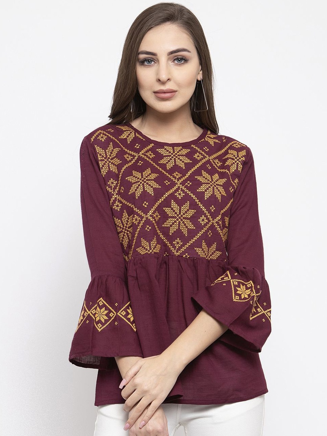 

Moda Rapido Women Embroidered Bell Sleeve Cotton Top, Maroon