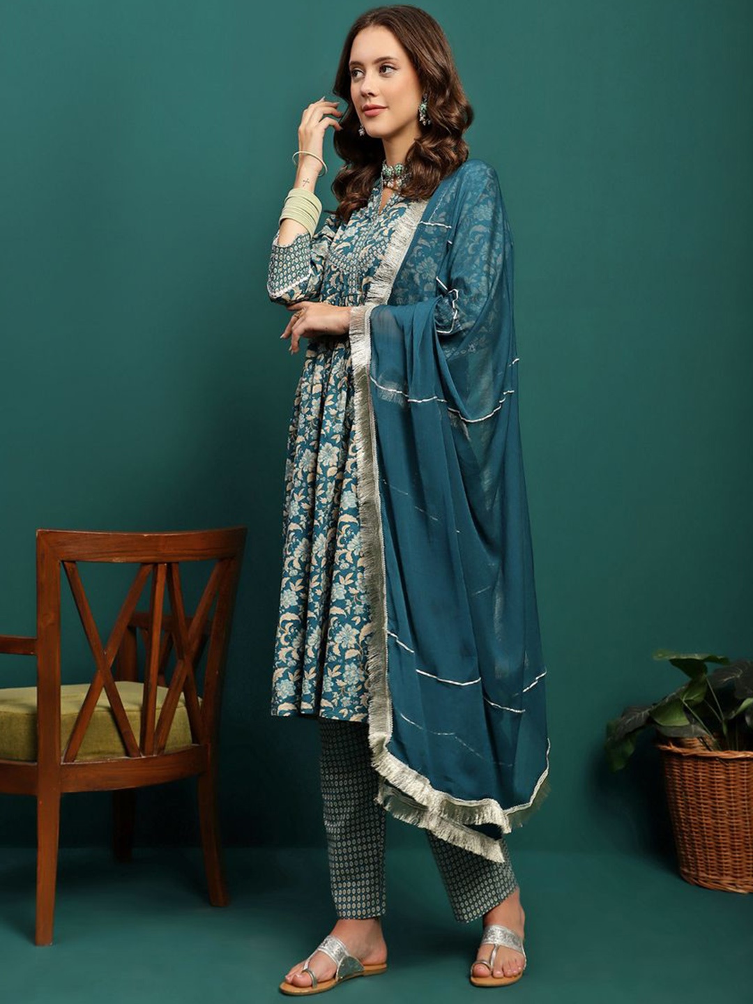 

Sangria Teal-Green Floral Embroidered Round Neck Anarkali Kurta With Trouser & Dupatta