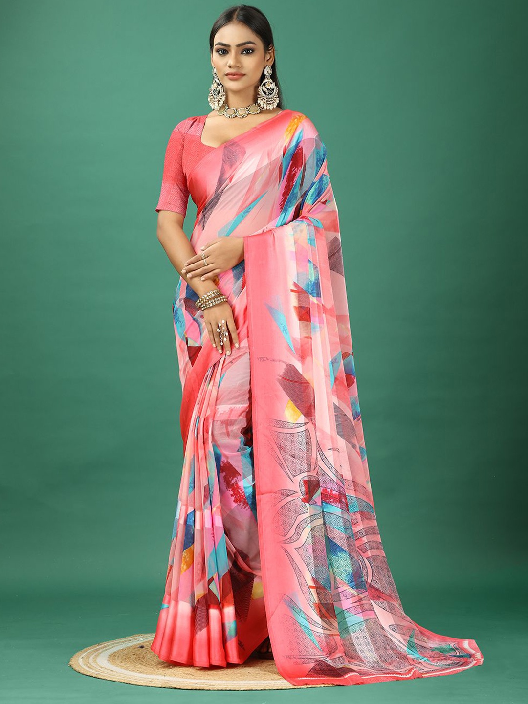 

NIRMAL CREATION Abstract Printed Satin Saree, Pink