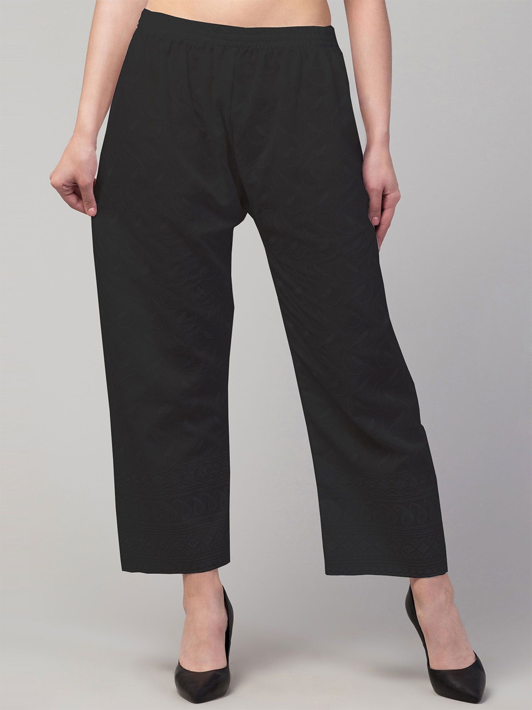 

FAMBEE Women Flared Knitted Cotton Palazzos, Black