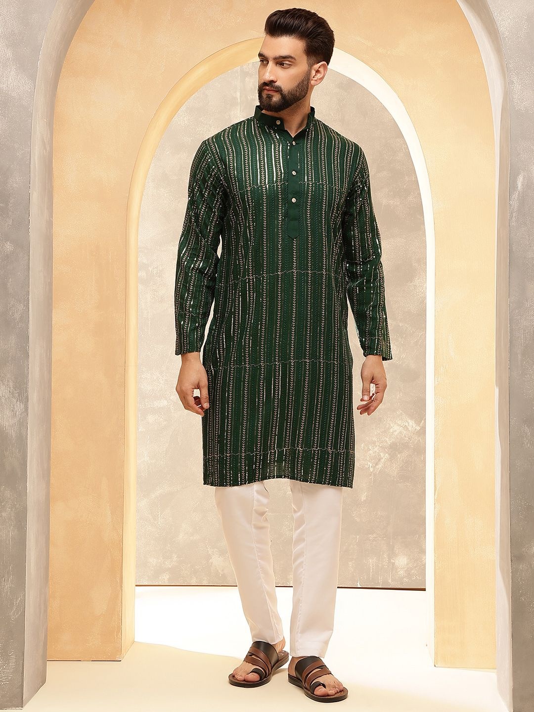 

Anouk Green Striped Embroidered Sequinned Pure Cotton Straight Kurta With Pyjama