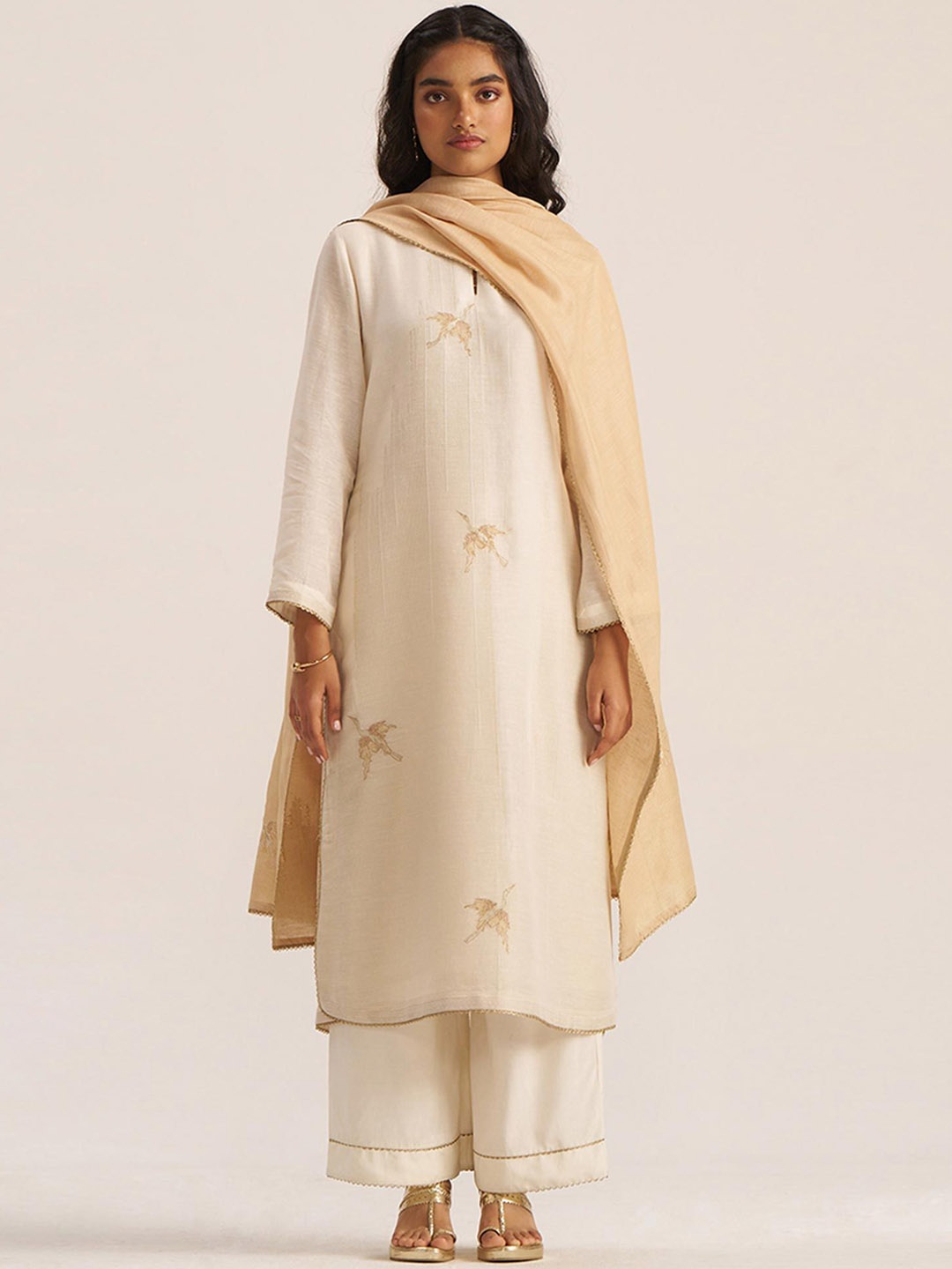 

Ganga Floral Embroidered Keyhole Neck Gotta Patti Linen Kurta With Palazzos & Dupatta, Beige