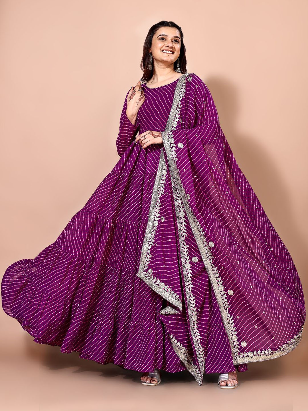 

KALINI Leheriya Printed Tiered Georgette Anarkali Kurta With Trouser & Dupatta, Purple