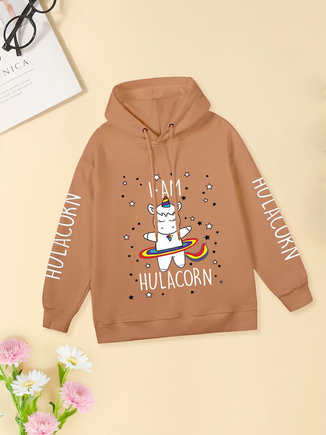 

FOREVER FRIDAY Girls Printed Pure Cotton Hooded Sweatshirt, Peach