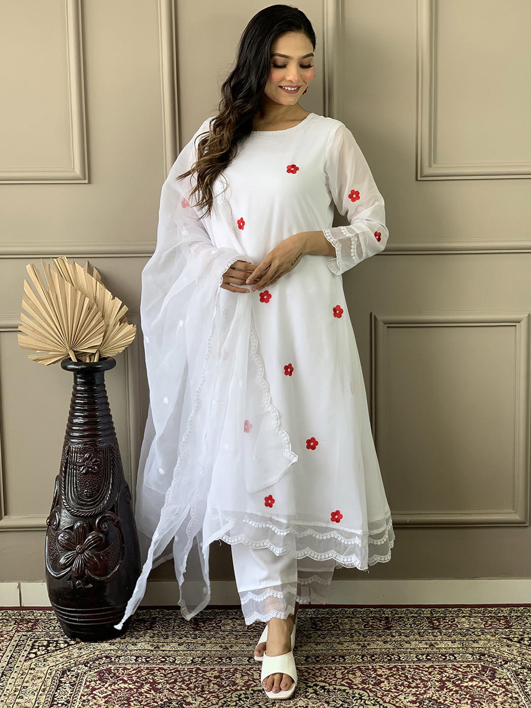 

Fashion Care Navlik Floral Embroidered Round Neck Anarkali Kurta With Trousers & Dupatta, Off white