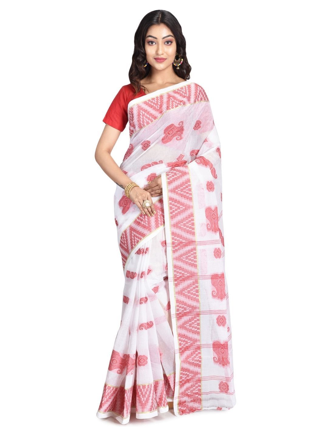 

RAJ SAREE HOUSE Woven Design Pure Cotton Jamdani Saree, White