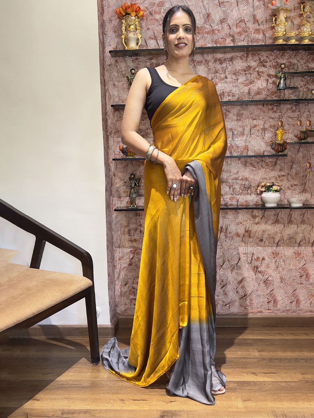 

ZIBLON Printed Ready to Wear Saree, Yellow