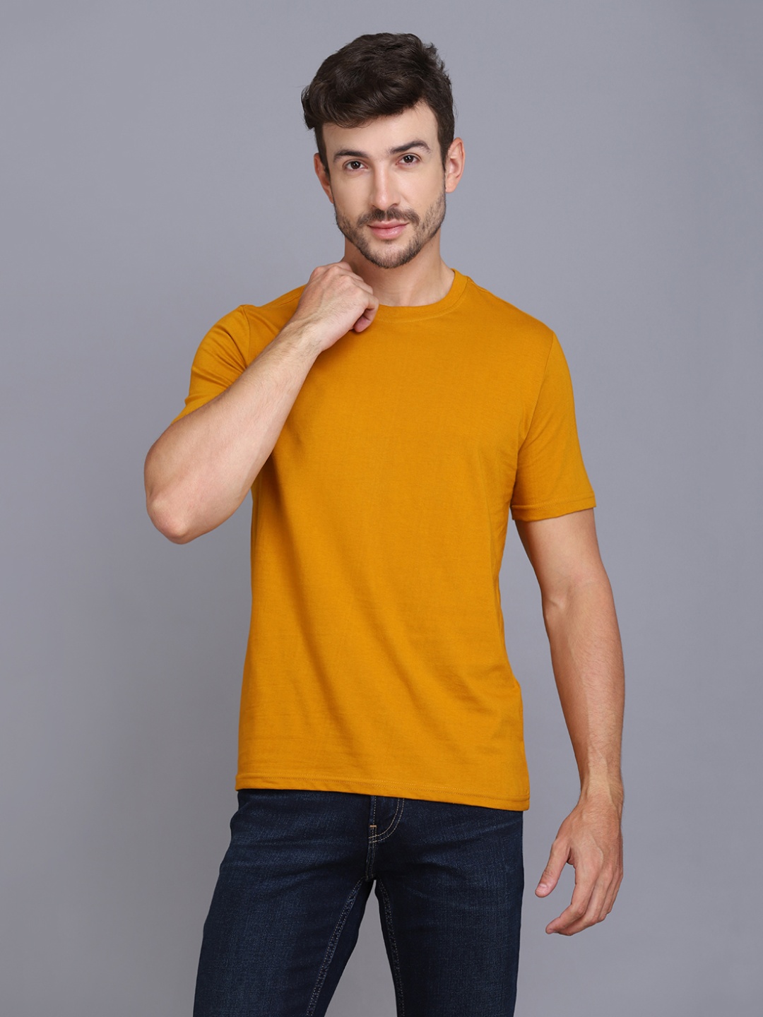 

WOOSTRO Men Pack Of 2 Solid Round Neck Cotton Slim Fit T-shirts, Mustard