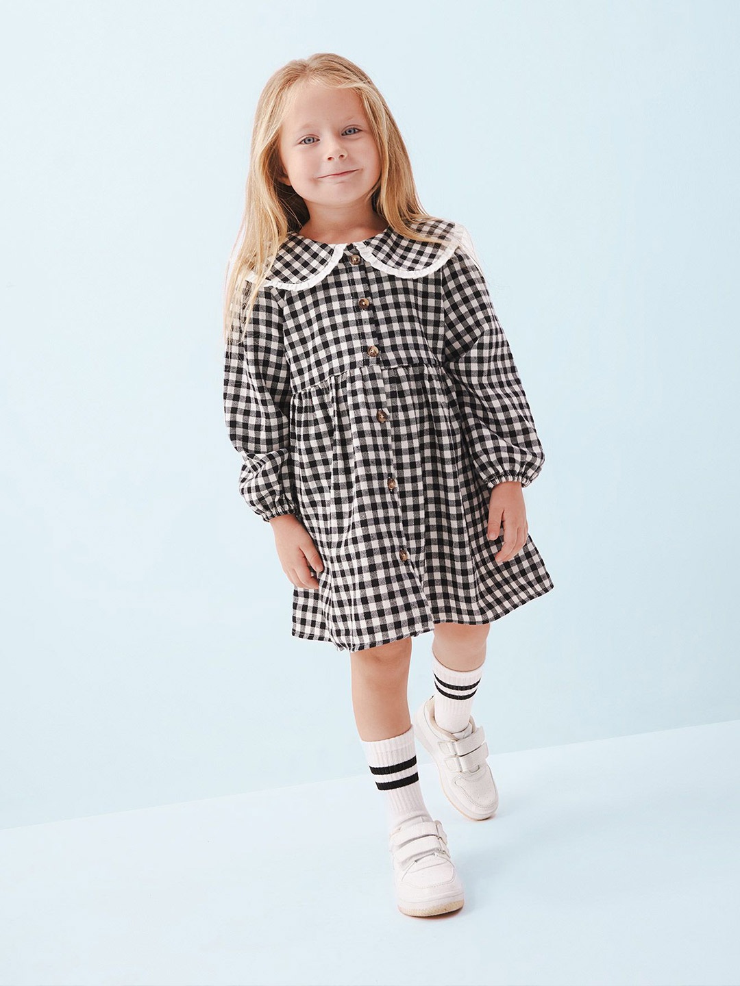 

DeFacto Girls Checked Peter Pan Collar A-Line Midi Dress, Na