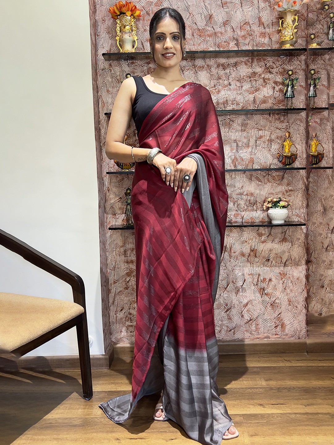 

ZIBLON Striped Ready to Wear Saree, Maroon