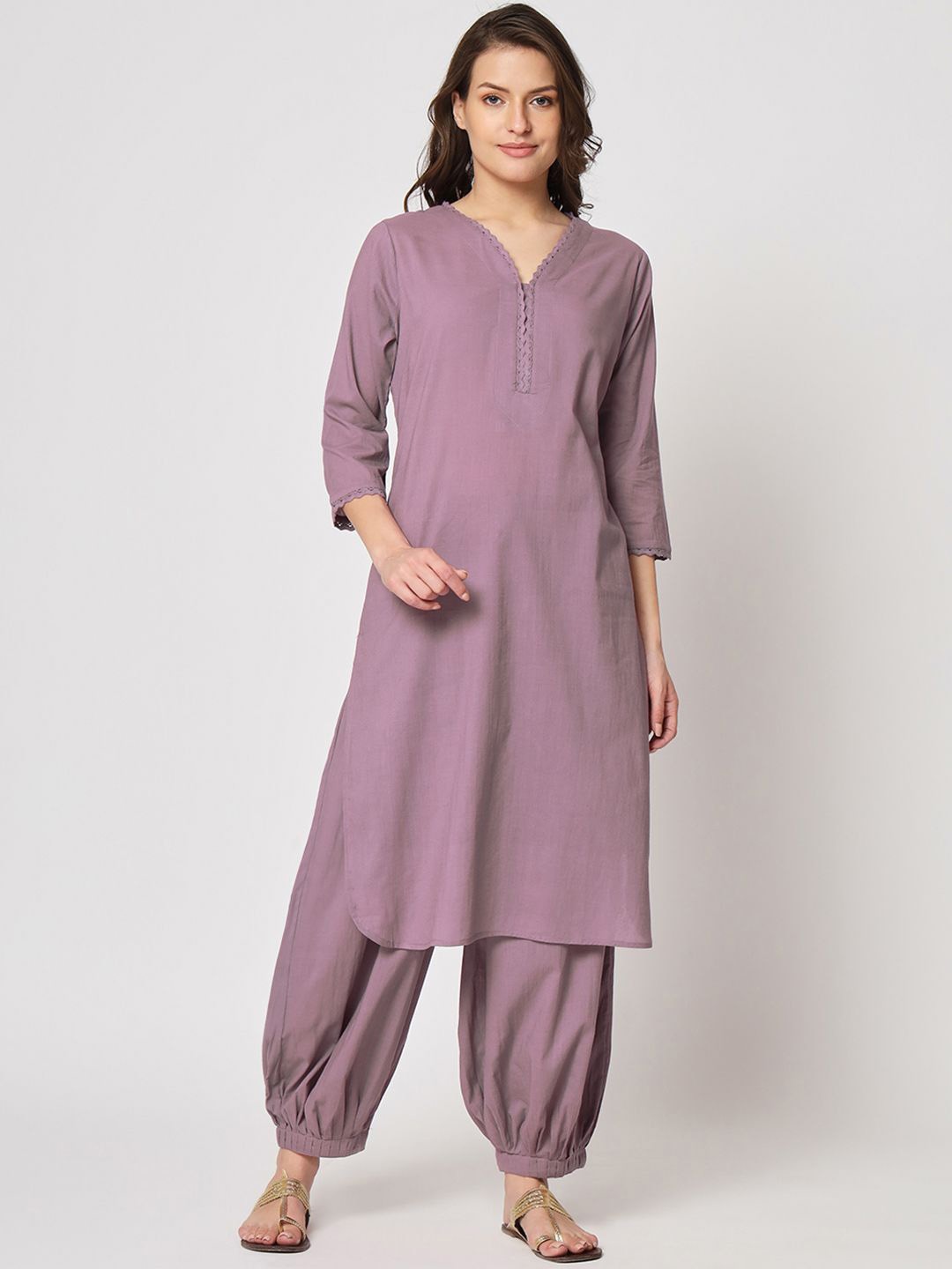 

Thevasa Lace Affair V-Neck Pure Cotton Long Tunic With Salwar, Mauve