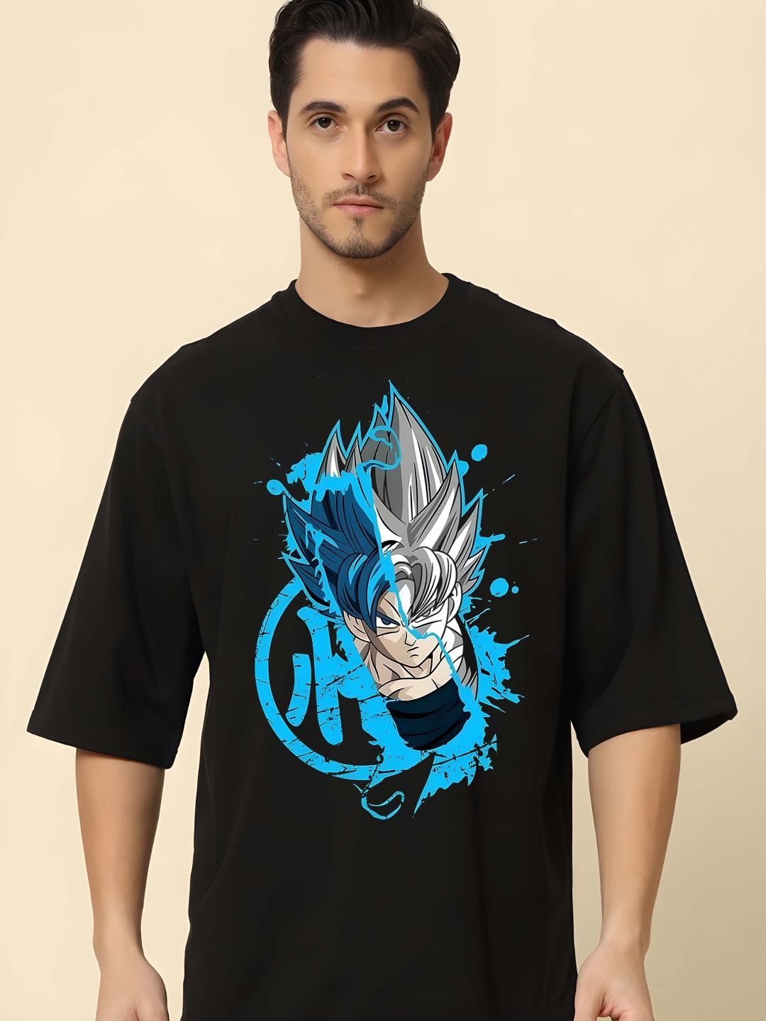 

BOWLIFESTYLE Men Dragon Ball Z Graphic Printed Round Neck Cotton Oversized T-shirt, Black