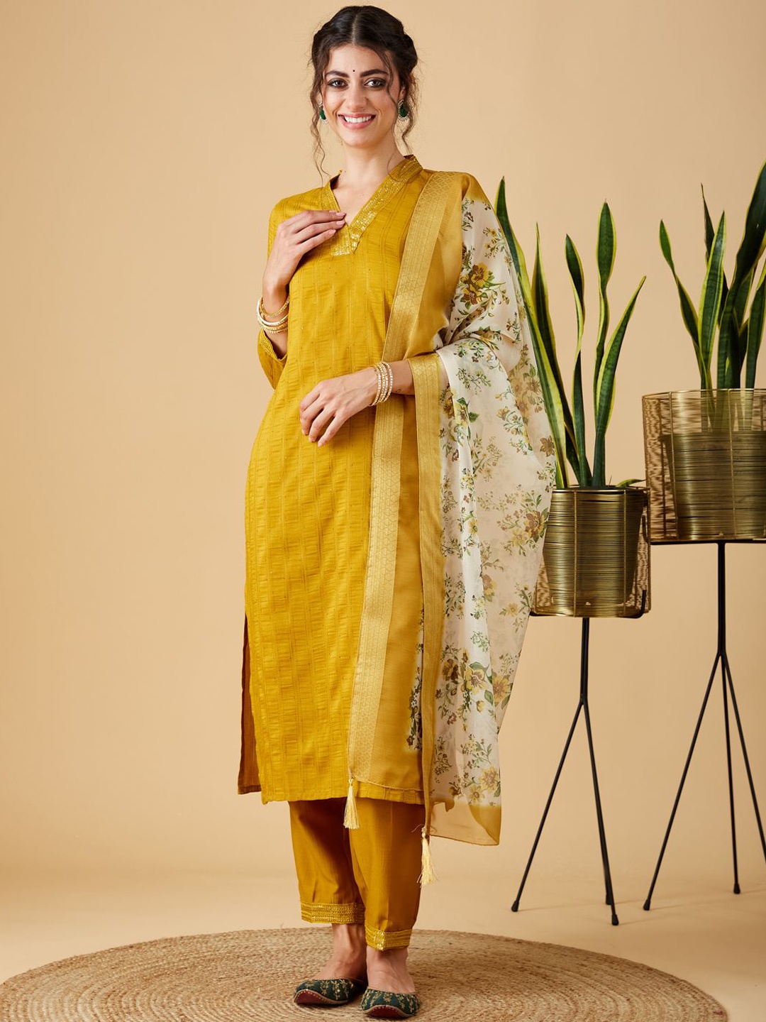 

MOKOSH Women Embroidered Regular Sequinned Kurta with Trousers & With Dupatta, Mustard