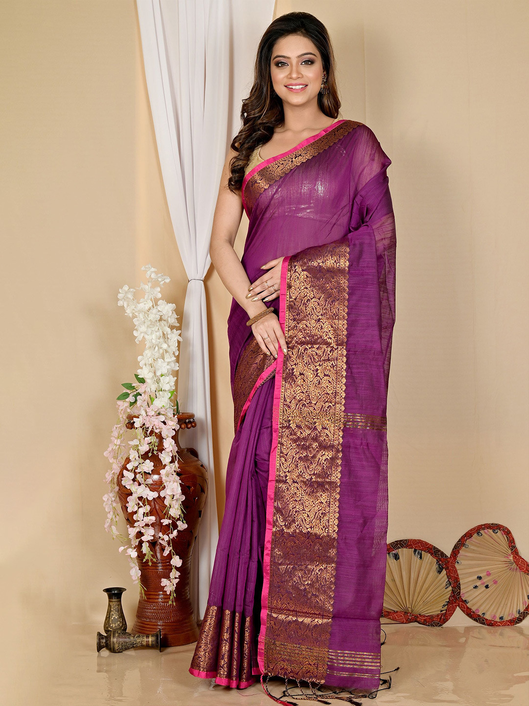 

DipDiya Woven Design Zari Taant Saree, Purple