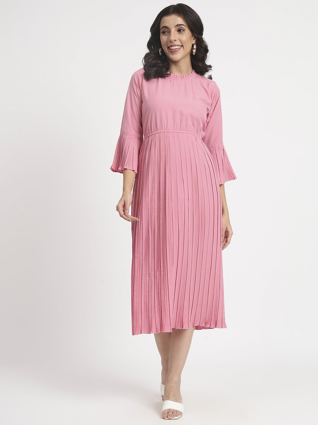 

ANGOORI FASHION Bell Sleeve Pleated Fit & Flare Midi Dress, Pink