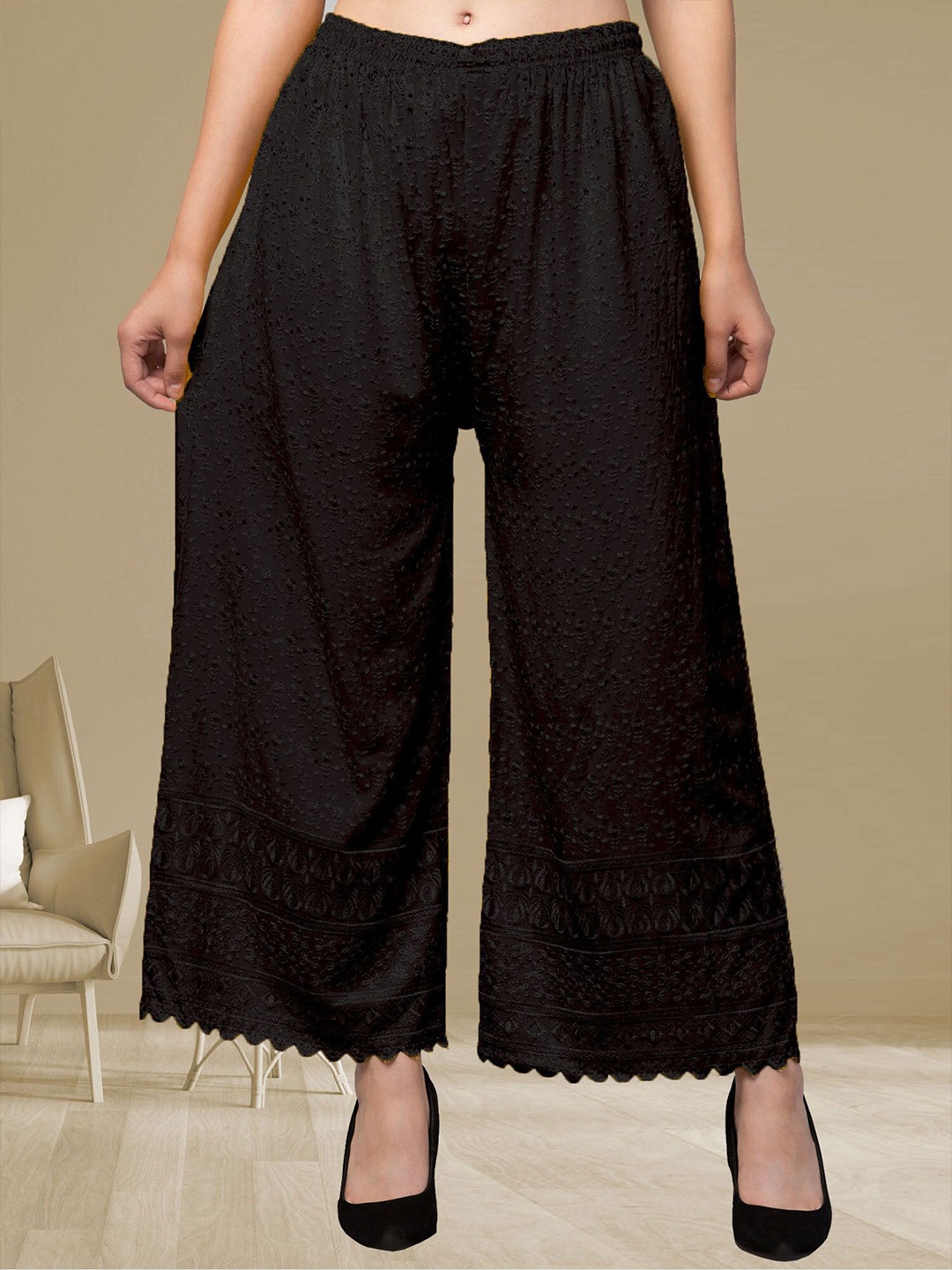 

FAMBEE Women Floral Flared Palazzos, Black