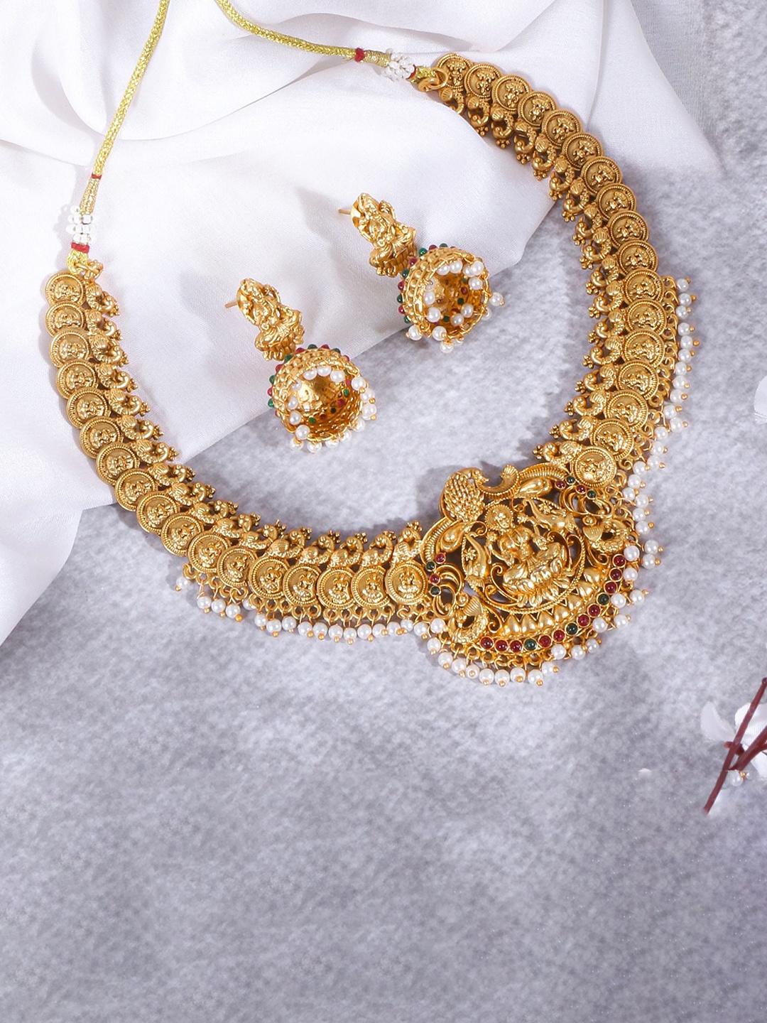 

JANAVI Gold-Plated Artificial Stone-Studded And Beaded Temple Jewellery Set