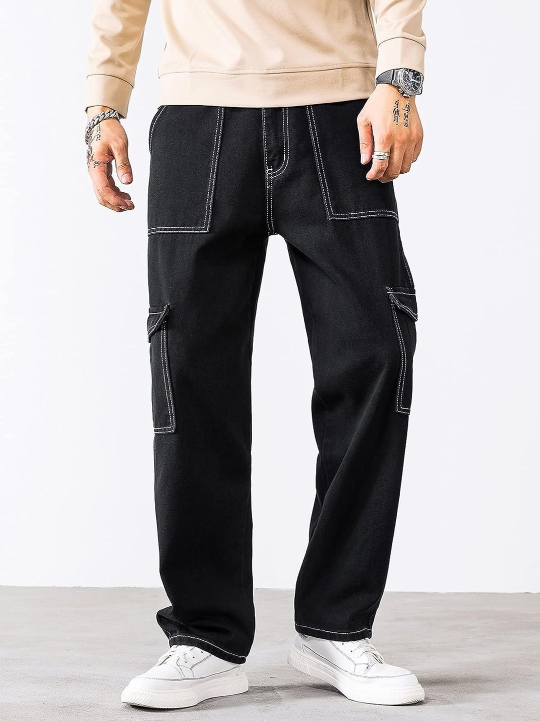 

MASTERLY WEFT Men Super Relaxed Fit Clean Look Stretchable Jeans, Black