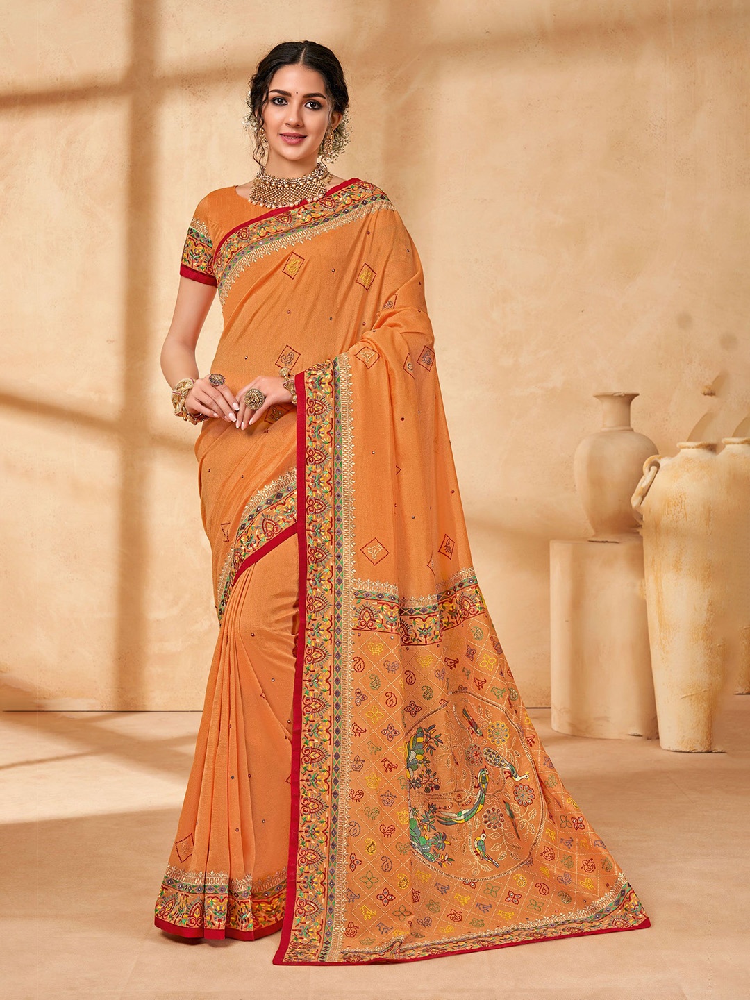 

Laxmipati Ethnic Motifs Printed Embroidered Saree, Orange