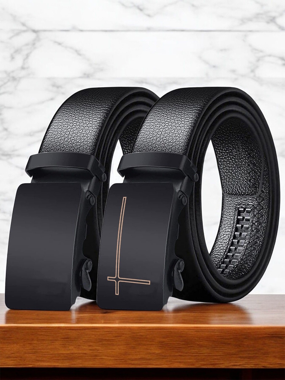 

Provogue Men Pack of 2 Vegan Leather Textured Belt, Black