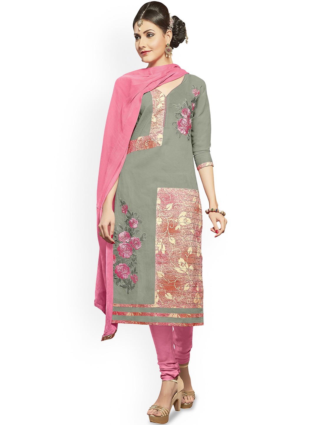 

HERE&NOW Floral Printed Unstitched Dress Material, Grey