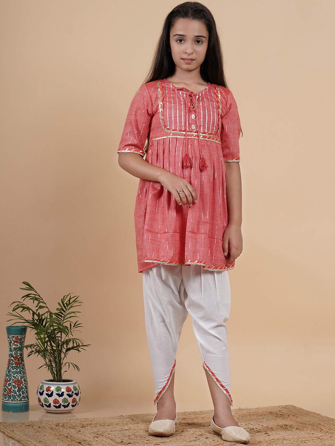 

TUNIYA Girls Cotton Blend Gotta Patti Tie-Up Neck Anarkali Kurta With Dhoti Pants, Pink