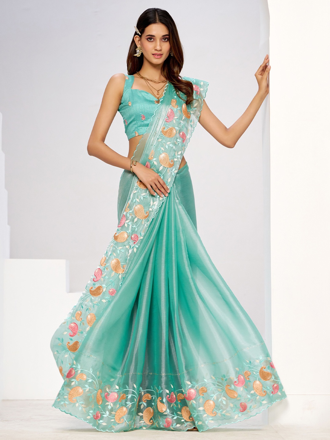 

VIRICA Beads and Stones Tissue Saree, Sea green