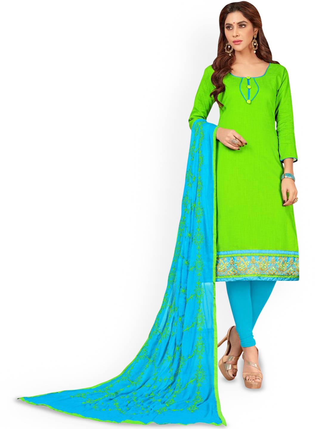 

HERE&NOW Floral Embroidered Cotton Unstitched Dress Material, Green