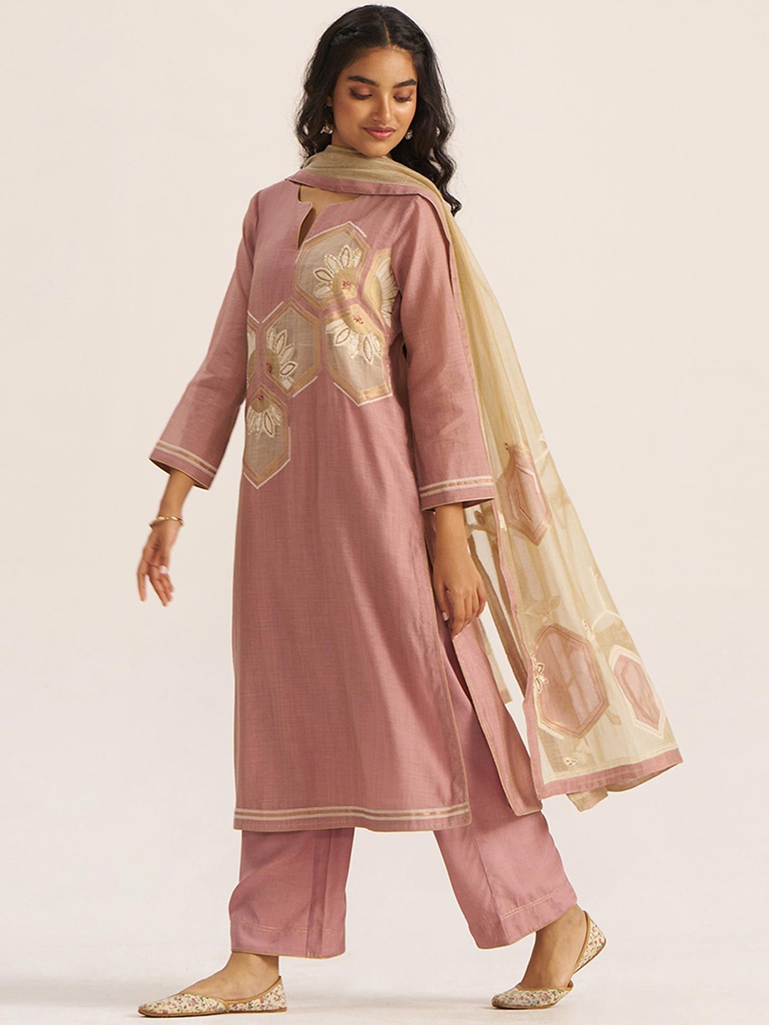 

Ganga Floral Woven Design Sequinned Chanderi Silk Straight Kurta With Palazzos & Dupatta, Pink