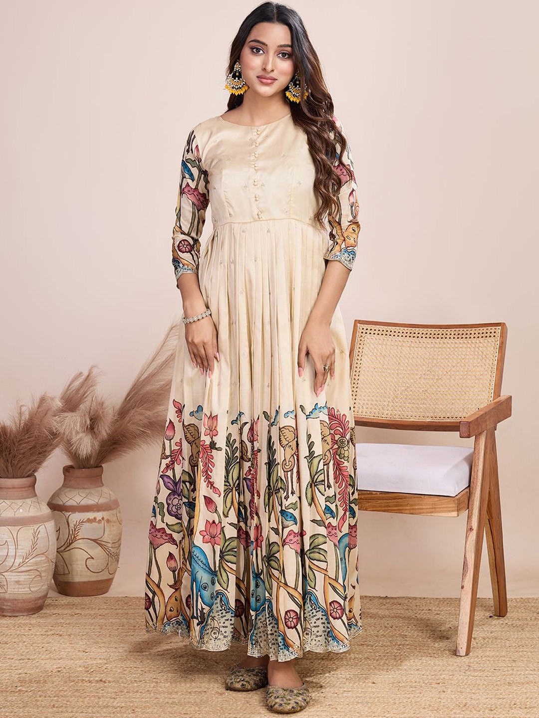 

Tasarika Printed Round Neck Full Length Gown Ethnic Dress, Cream