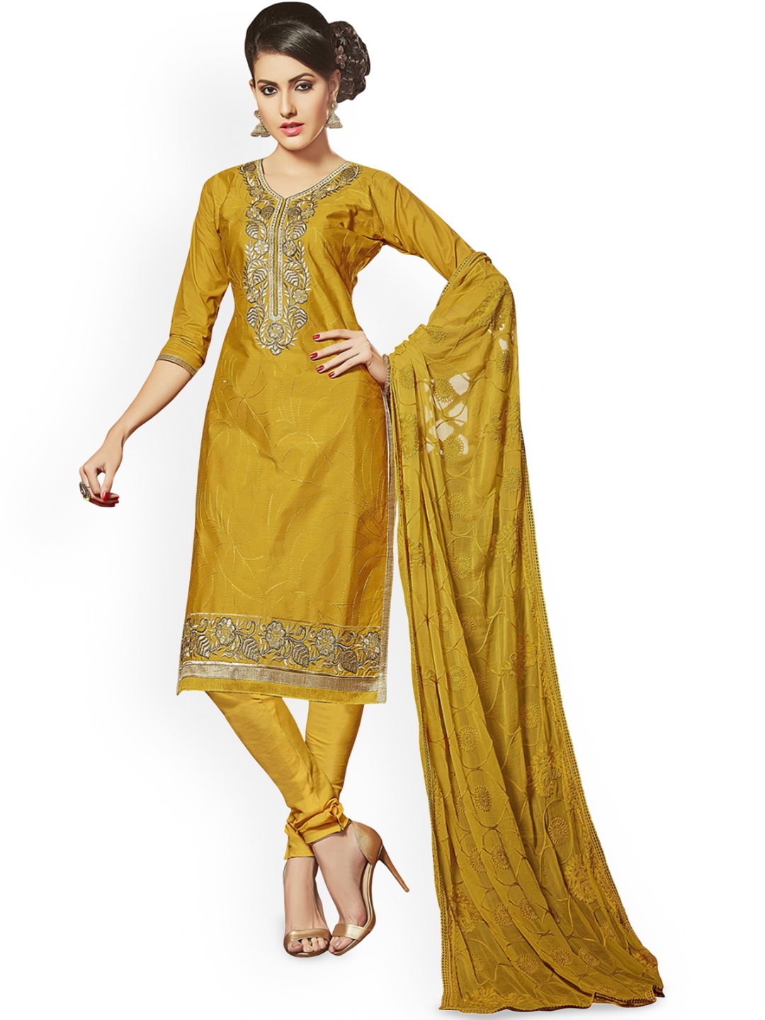 

HERE&NOW Floral Embroidered Unstitched Dress Material, Yellow