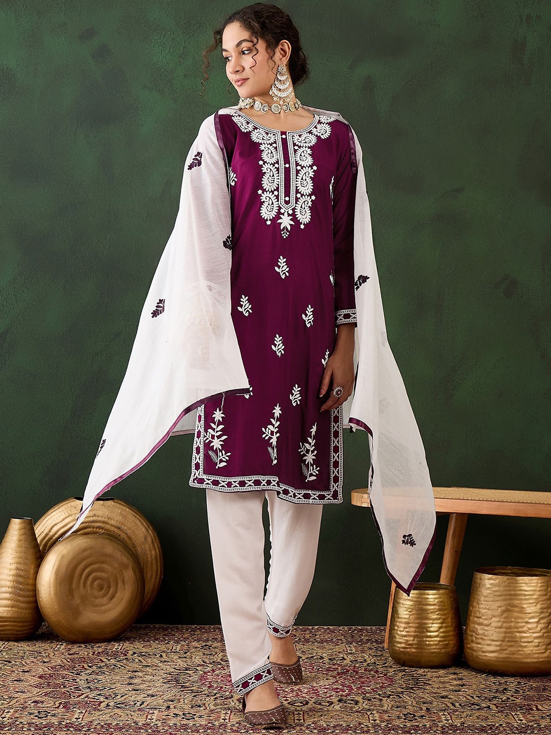 

KALINI Women Floral Embroidered Regular Chikankari Kurta with Trousers & With Dupatta, Purple