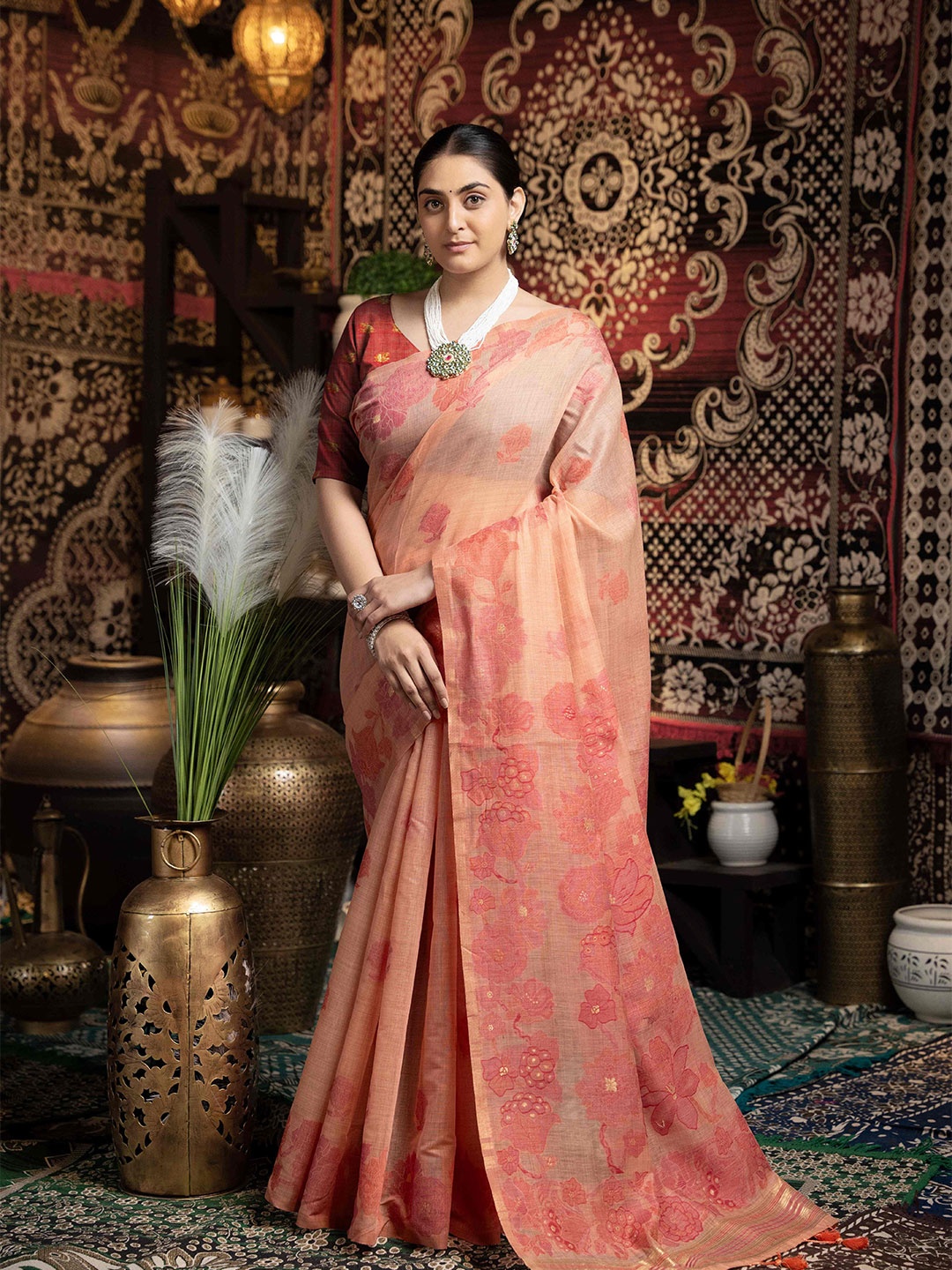 

HEER FASHION Woven Design Pure Cotton Jamdani Saree, Peach