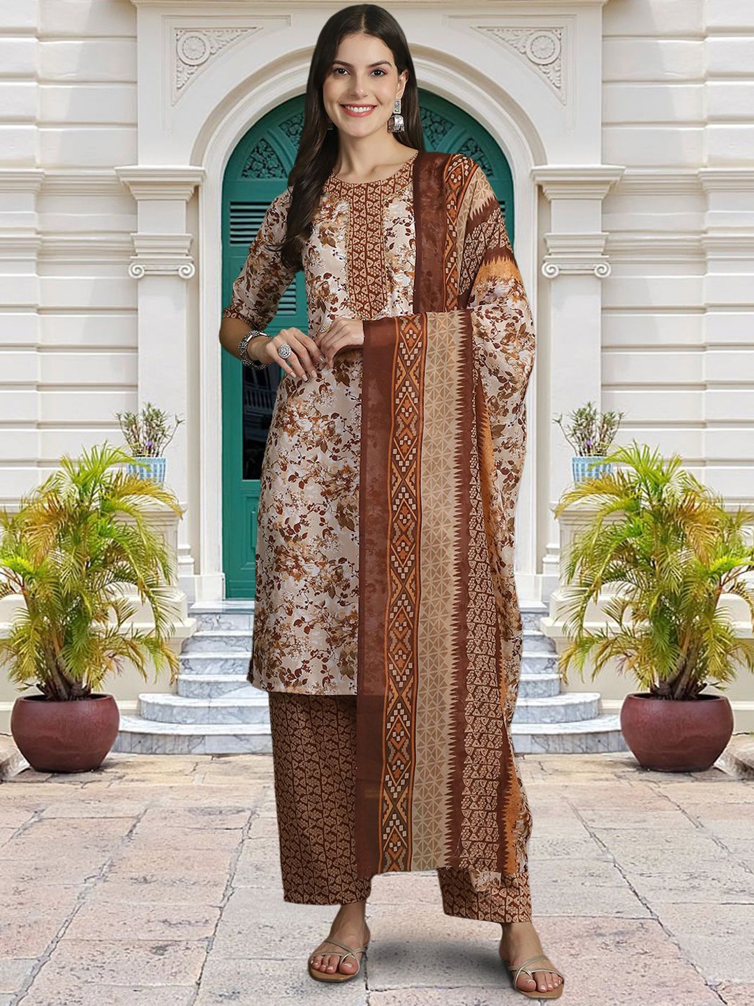 

Moda Rapido Floral Printed Round Neck Straight Kurta With Trouser And Dupatta, Brown