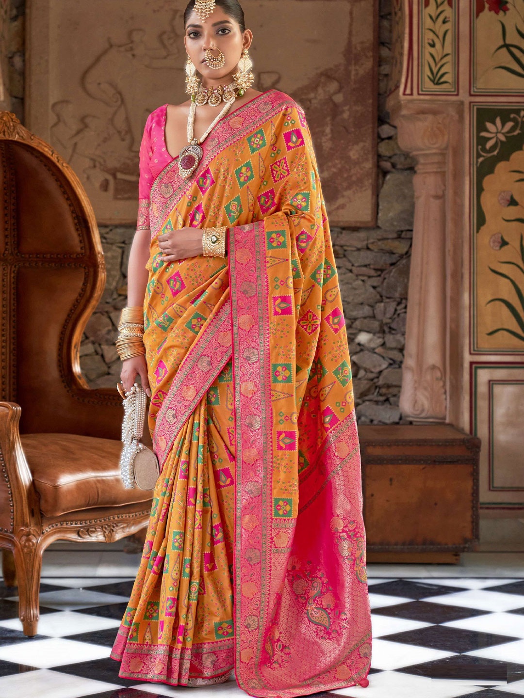 

MAHALASA Woven Design Zari Pure Silk Patola Saree, Mustard