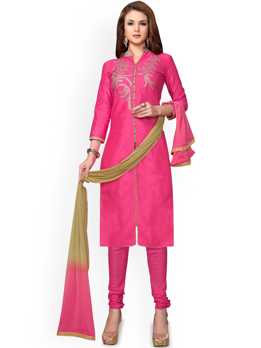 

HERE&NOW Floral Embroidered Glaze Cotton Unstitched Dress Material, Pink